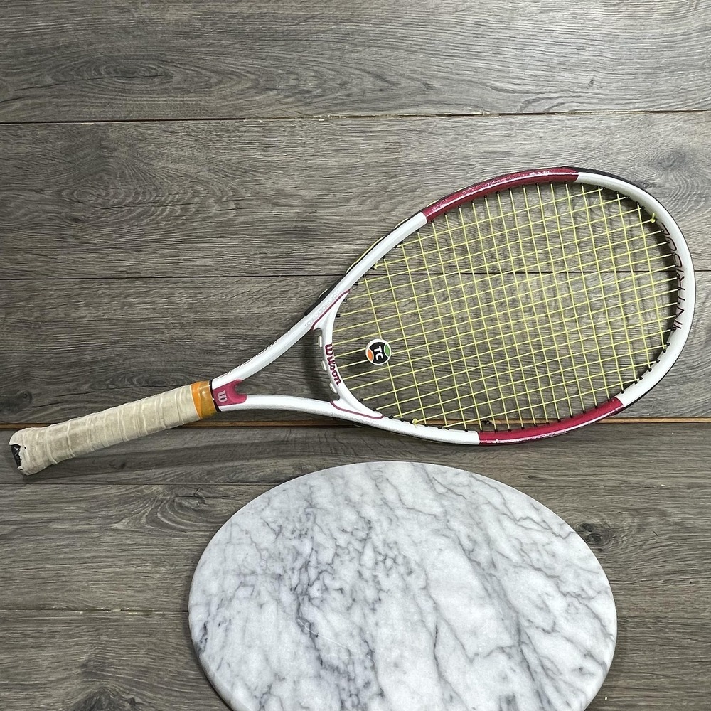 Wilson Tennis Racquet White PInk Yellow Worn Grip Intrigue Used Classic